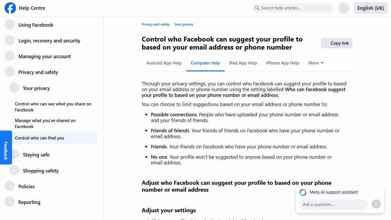 Control who Facebook can suggest your profile to based on your email address or phone number Facebook Help Centre