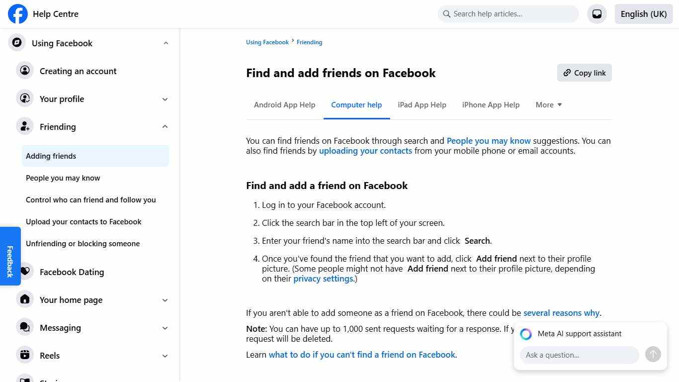 Find and add friends on Facebook Facebook Help Centre